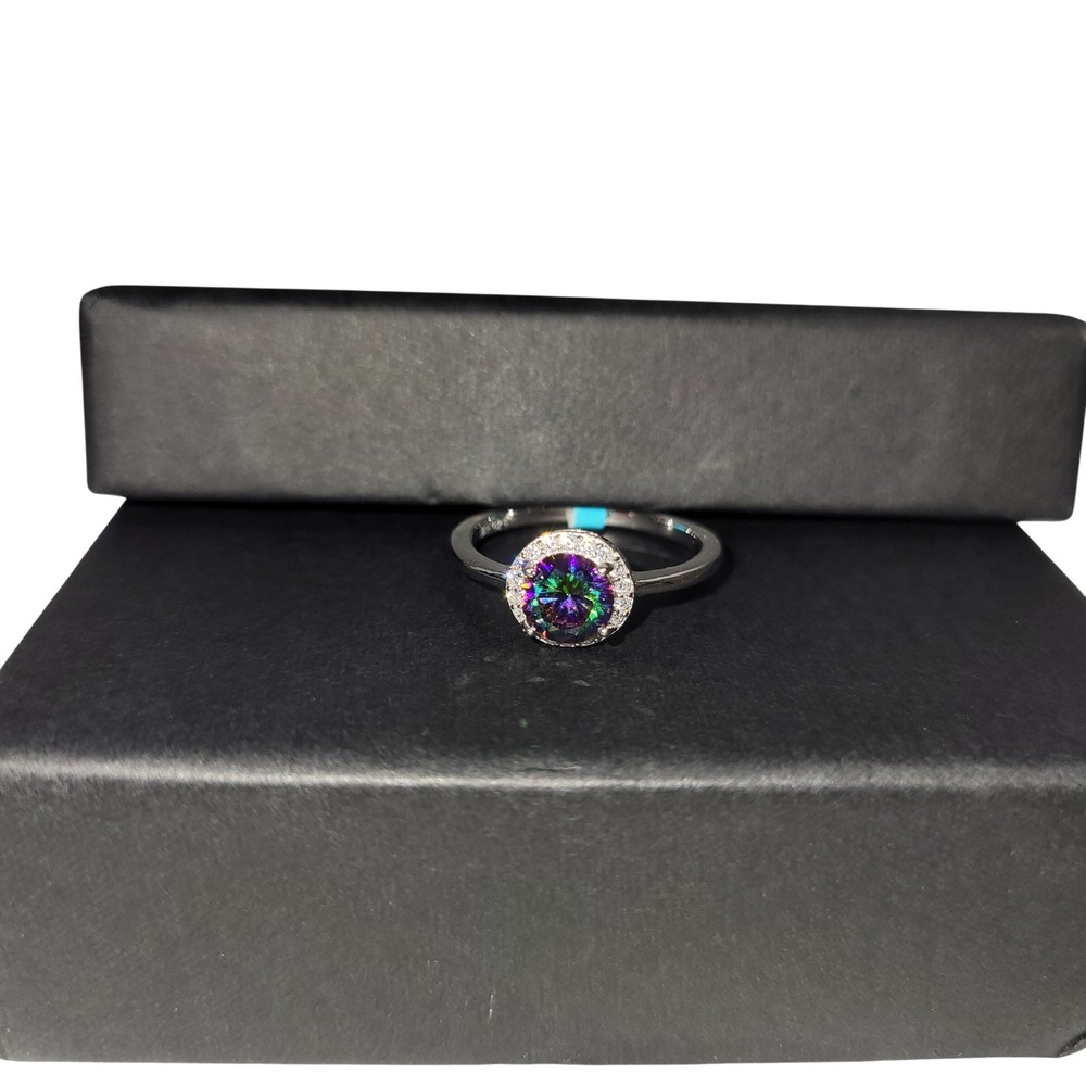 Mystic Topaz CZ Ring Women Size 6 Silver Halo Solitaire Sterling Whimsigoth Boho